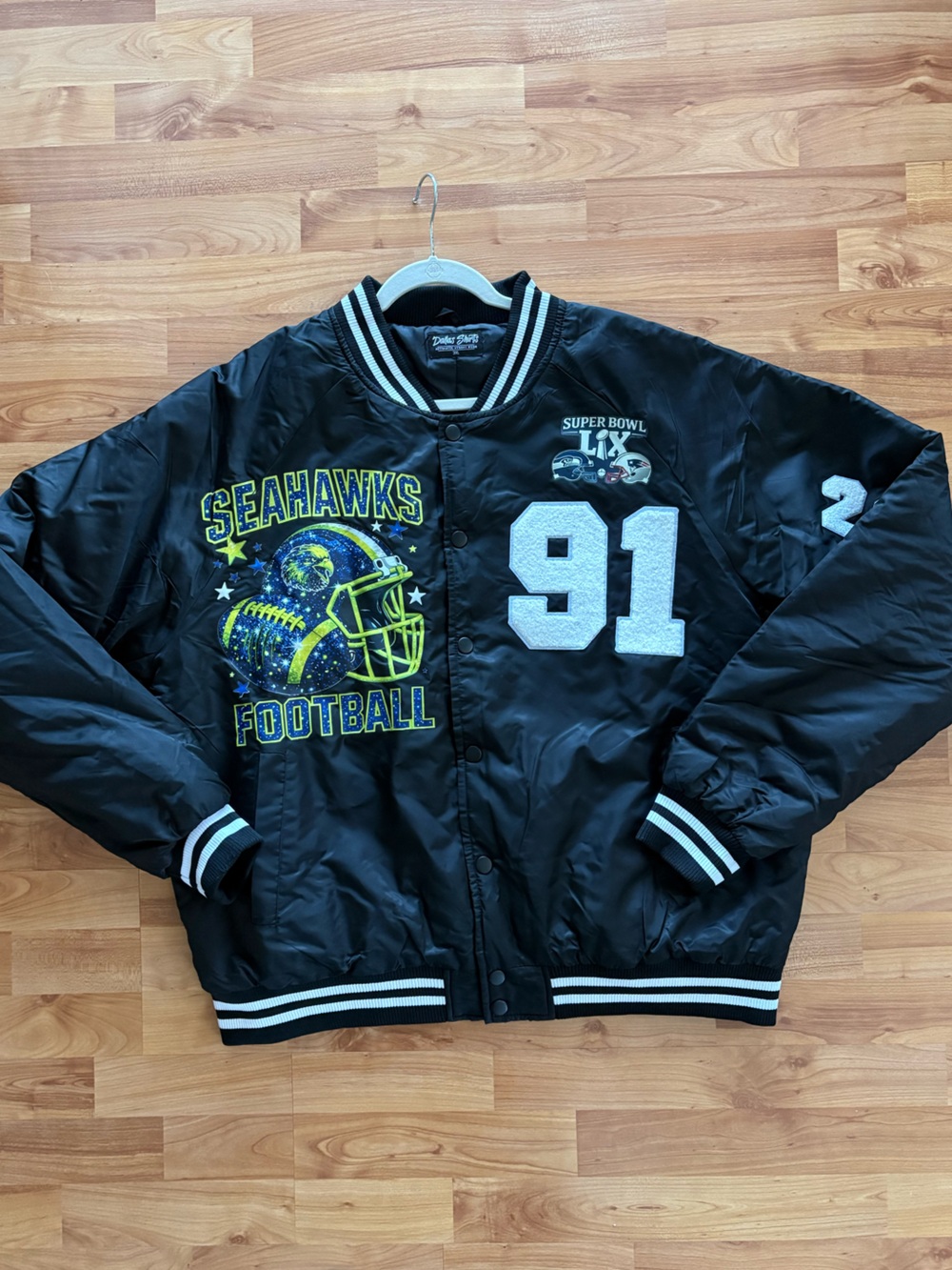 Seattle Seahawks Black Football Jacket with 91 Patch 3XL